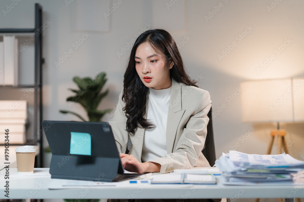 Focused in the Flow: A young Asian businesswoman diligently works late at her desk, illuminated by warm light, highlighting her dedication and ambition. Focused in the Flow: A young Asian businesswoman diligently works late at her desk, illuminated by warm light, highlighting her dedication and ambition.
