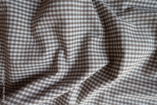 Rippled cotton fabric with grey and white gingham pattern