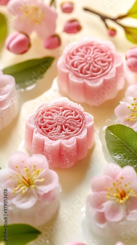 Close-up of delicate pink mochi desserts with cherry blossoms and leaves on a light wood background.