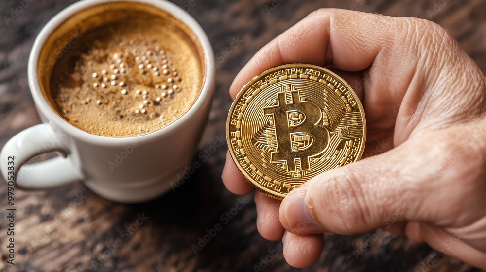 Fototapeta premium Close-up of a hand holding a Bitcoin above coffee