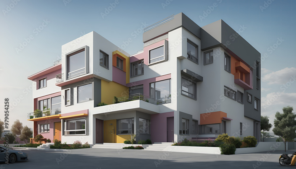 Illustrative frontal view of a new, modern and clearly architecturally planned house, new modern architecture, architectural visualization Illustrative frontal view of a new, modern and clearly architecturally planned house, new modern architecture, architectural visualization