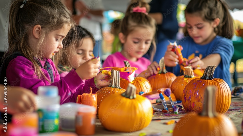 Fototapeta premium children_decorating_pumpkins_at_a_fall day