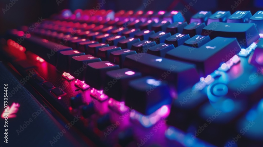 A close-up of a sleek, dark keyboard with red and blue lights, missing keys, and uneven lighting. Futuristic vibes hinting at technology and gaming. A close-up of a sleek, dark keyboard with red and blue lights, missing keys, and uneven lighting. Futuristic vibes hinting at technology and gaming.