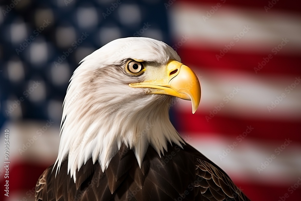 Obraz premium Bald eagle perched with an American flag backdrop in a patriotic setting during daylight
