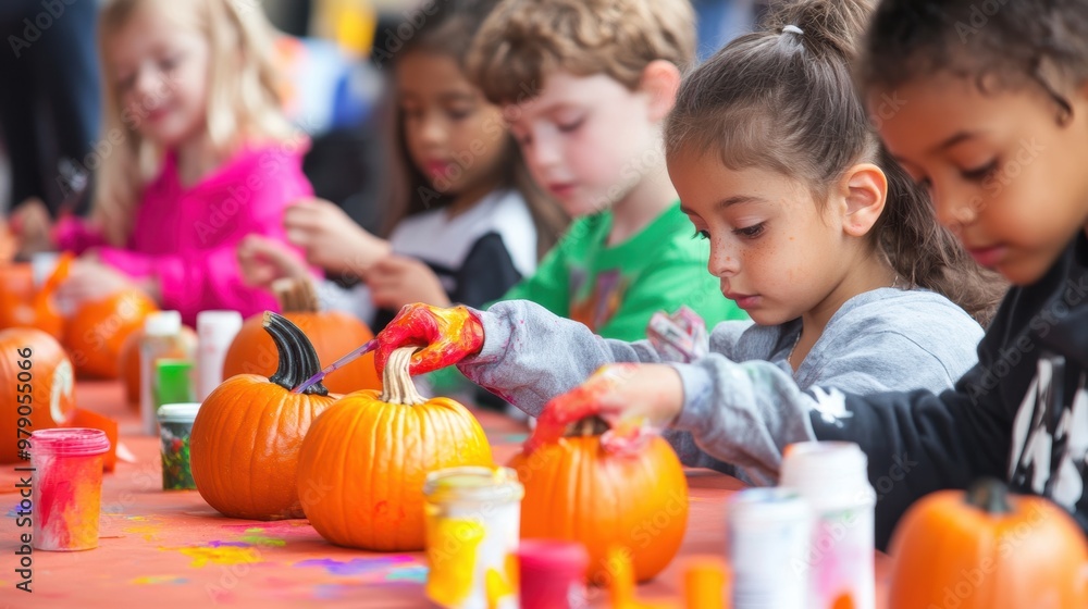 Fototapeta premium children_decorating_pumpkins_at_a_fall day