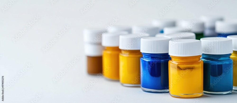 A collection of various colored paints in small glass jars with white caps, arranged on the right side against a clean background. The colors include yellow and blue hues. A collection of various colored paints in small glass jars with white caps, arranged on the right side against a clean background. The colors include yellow and blue hues.