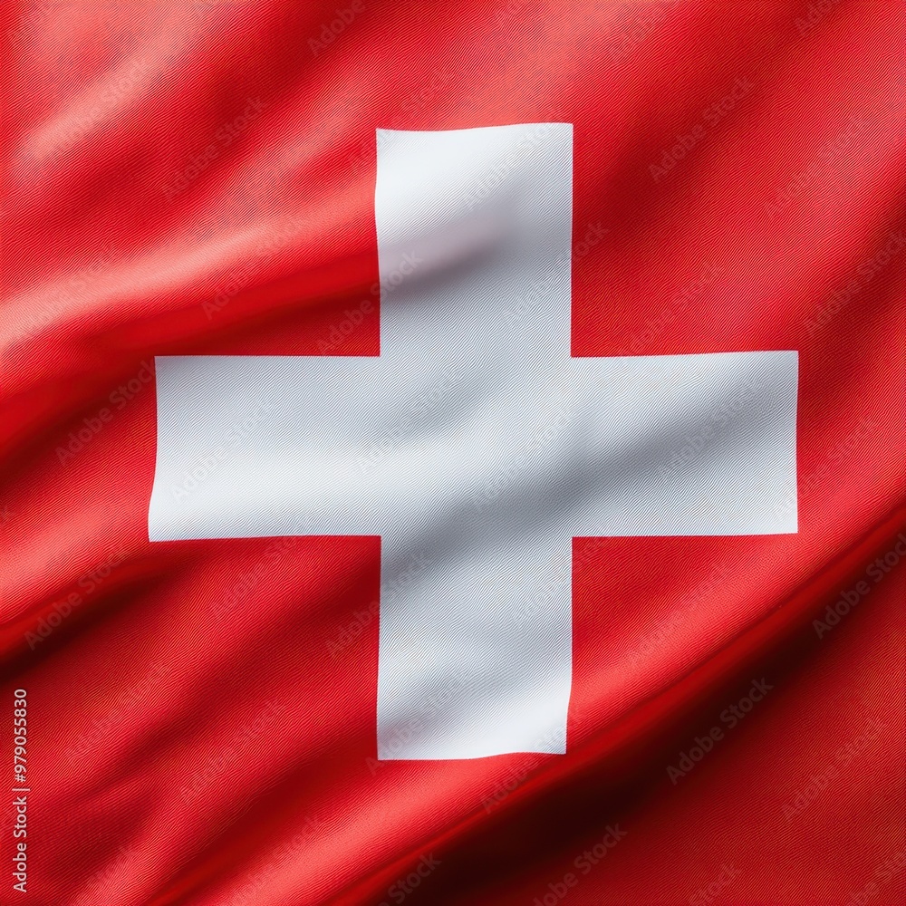 Close-up of the Swiss flag featuring a white cross on a red background, with detailed fabric texture. Close-up of the Swiss flag featuring a white cross on a red background, with detailed fabric texture.