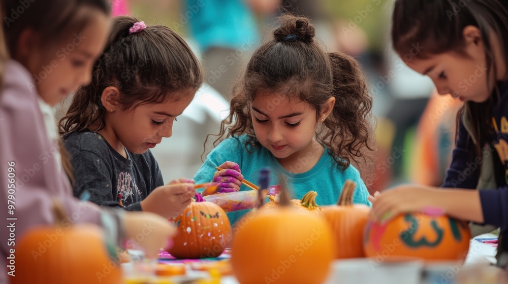 Fototapeta premium children_decorating_pumpkins_at_a_fall day
