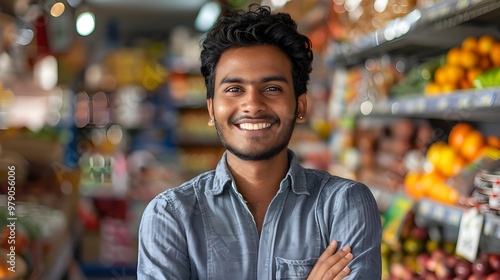 Portrait of happy young Indian man standing in grocery store and smiling - Generated AI