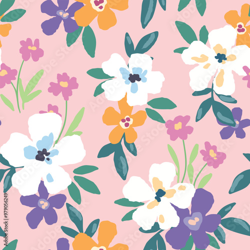 Seamless floral pattern, cute liberty ditsy print, abstract ornament of pretty spring plants. Girly botanical design: small hand drawn flowers, tiny leaves, simple bouquet on pink. Vector illustration