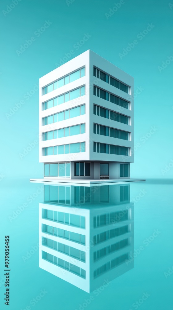 A modern building reflecting on a tranquil surface, showcasing minimalist architecture. A modern building reflecting on a tranquil surface, showcasing minimalist architecture.