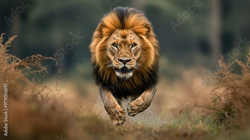 A male lion charges through the undergrowth, ready to attack. photo