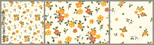 Seamless floral pattern, liberty ditsy print, abstract ornament of small plants. Cute botanical design in folk motif: hand drawn yellow flowers, tiny leaves, simple mini bouquets. Vector illustration.