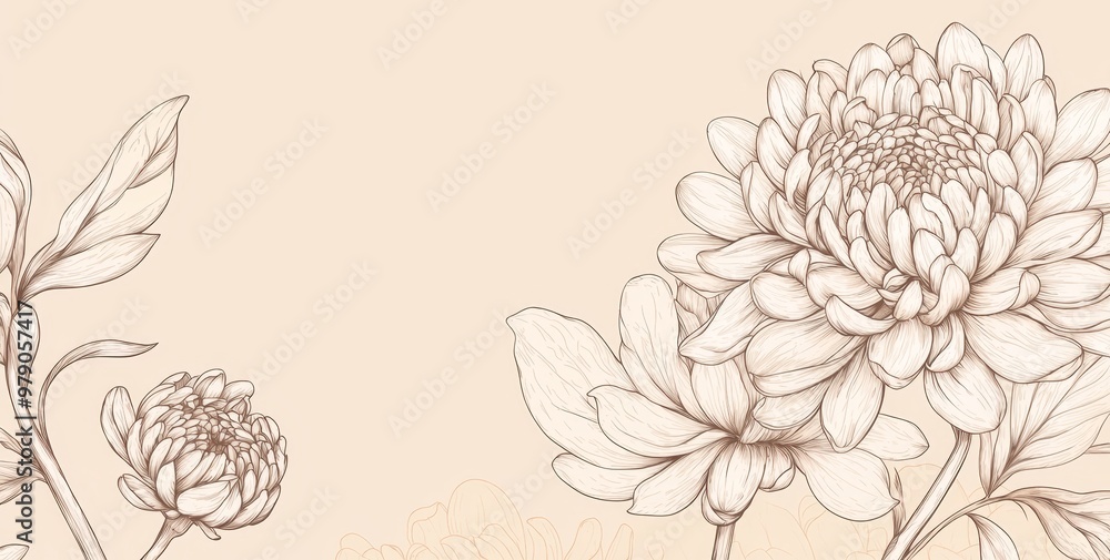 Chrysanthemum bouquet and botanical foliage for a background or wall art. Modern illustration. Luxury inked. Chrysanthemum bouquet and botanical foliage for a background or wall art. Modern illustration. Luxury inked.