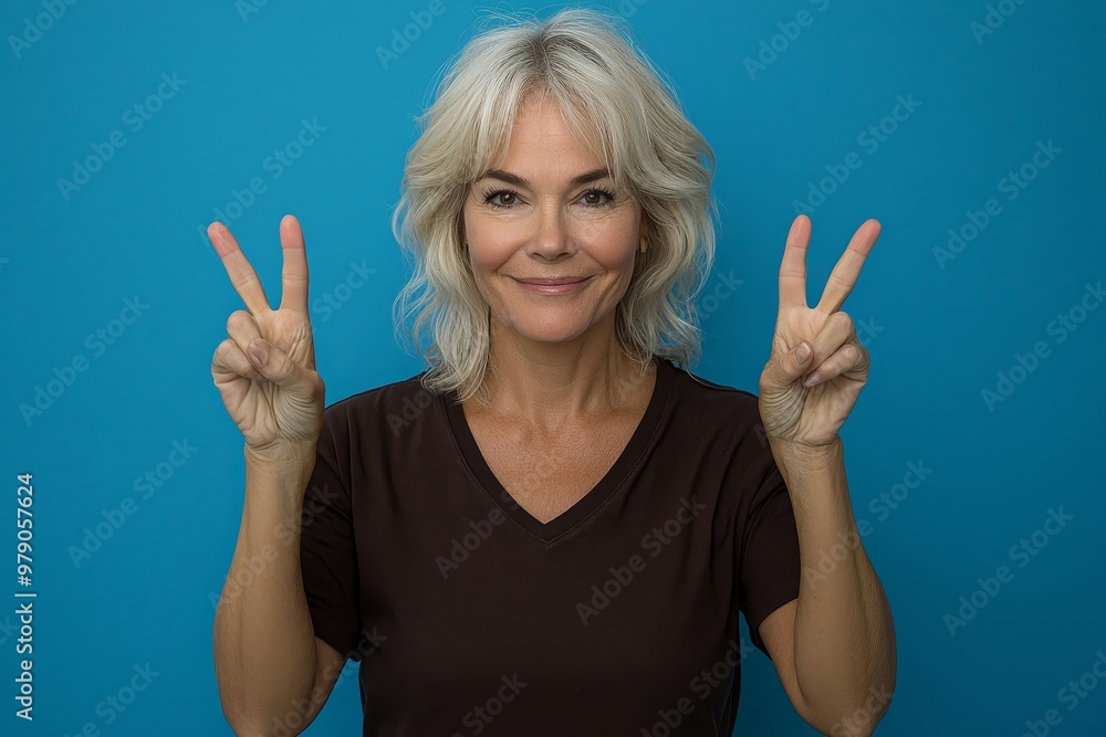 Nice senior woman in fashionable clothes wearing a v-sign is isolated on a blue color background in good mood Nice senior woman in fashionable clothes wearing a v-sign is isolated on a blue color background in good mood