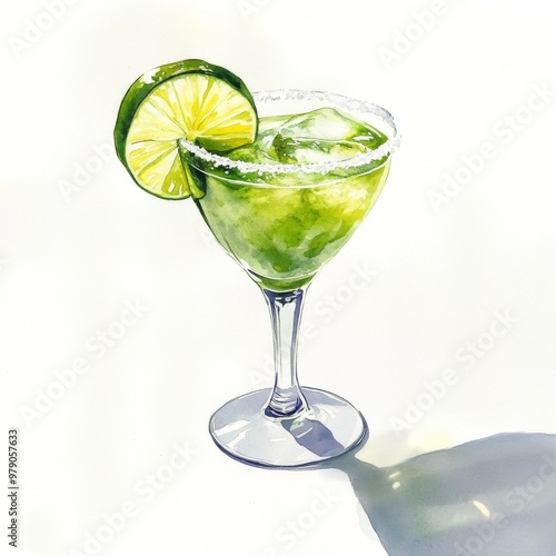 A watercolor illustration of a Margarita cocktail . Isolated. An alcoholic beverage in a martini glass.