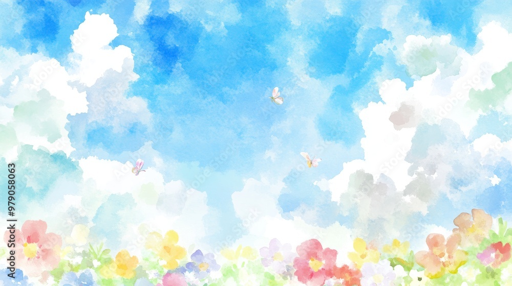 This whimsical watercolor scene captures the essence of spring with lush green hills, a clear blue sky, and butterflies fluttering around blossoming flowers. This whimsical watercolor scene captures the essence of spring with lush green hills, a clear blue sky, and butterflies fluttering around blossoming flowers.