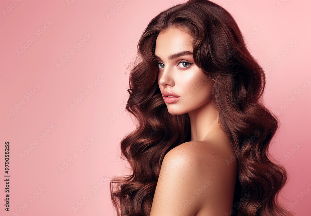 Elegant glam woman with long wavy hair. Model with curly hairstyle and healthy skin. Beauty, hairstyle, makeup and cosmetics Elegant glam woman with long wavy hair. Model with curly hairstyle and healthy skin. Beauty, hairstyle, makeup and cosmetics