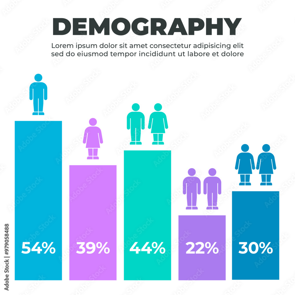 Demographic Bar Chart Infographic with Male and Female Figures and Percentage Data Demographic Bar Chart Infographic with Male and Female Figures and Percentage Data