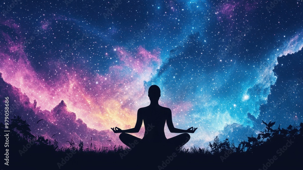 Silhouette of Woman Meditating Under a Starry Night Sky Silhouette of Woman Meditating Under a Starry Night Sky