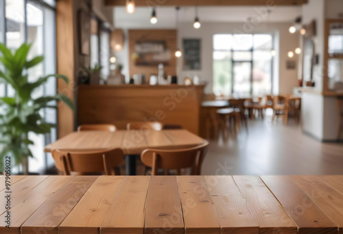 Lofty chill restaurant or cafe with wooden table and Depth of field , blurred background 