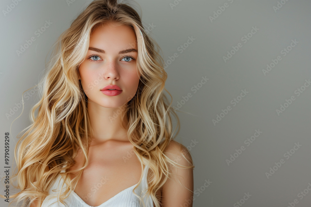 Good-looking blonde woman with long wavy hair on gray background. Beautiful face close-up. Haircare, salon cosmetic and coiffure concept Good-looking blonde woman with long wavy hair on gray background. Beautiful face close-up. Haircare, salon cosmetic and coiffure concept