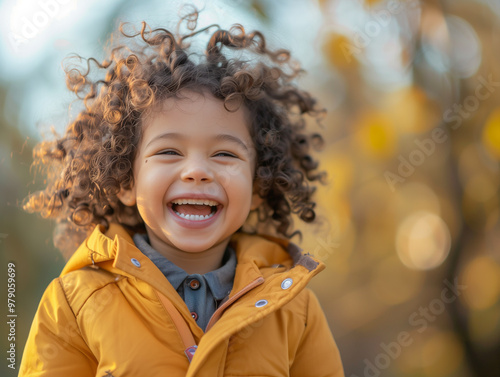 Little happy child boy playing in autumn park, close-up portrait