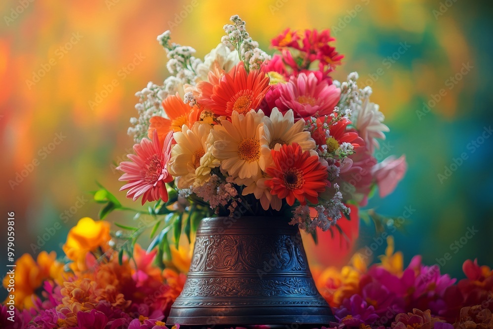 the first bell and a bouquet of flowers. The image should be bright and interesting, festive the first bell and a bouquet of flowers. The image should be bright and interesting, festive