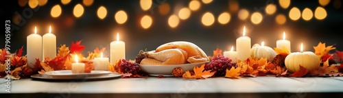 An intimate Thanksgiving dinner for two, with a beautifully set table adorned with candles, autumn leaves, and a perfectly roasted turkey