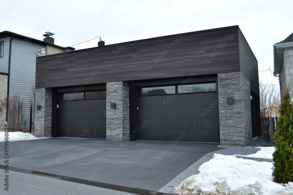 Detail of a two-car garage at a modern home. The sleek garage doors enhance the overall aesthetic. Detail of a two-car garage at a modern home. The sleek garage doors enhance the overall aesthetic.