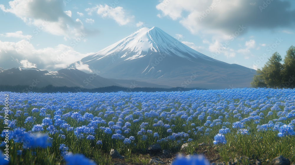 Obraz premium Realistic mountain fuji behind a field of blue flowers