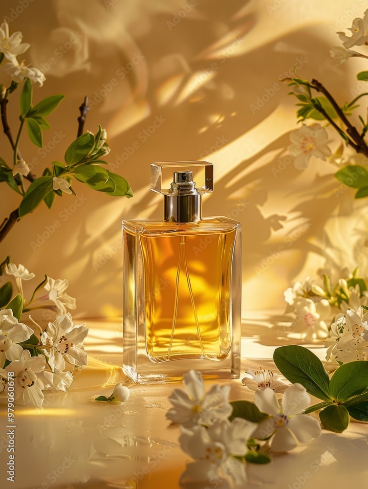 Beautiful bottle of cosmetic spray or perfume on a beige background with flowers. front view. ai generated Beautiful bottle of cosmetic spray or perfume on a beige background with flowers. front view. ai generated