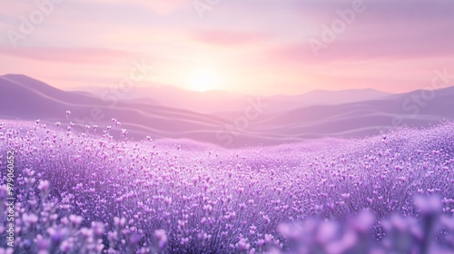 A field of purple flowers with rolling hills and a pastel sunrise in the background.