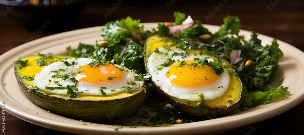 Delicious avocado halves topped with sunny-side-up eggs and garnished with fresh herbs on a plate Delicious avocado halves topped with sunny-side-up eggs and garnished with fresh herbs on a plate