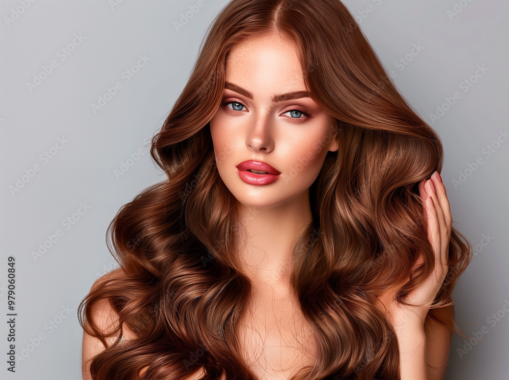 Fototapeta premium Gorgeous young adult woman with beautiful natural long wavy red hair. Fashion make-up, clear fresh skin and curly hairstyle. Cosmetic, styling, shampoo, glance and hairdresser concept