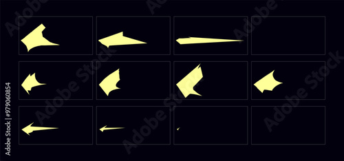 2d animate gun flash FX animation.  Cartoon muzzle flash fire animation sprites sheet frame.