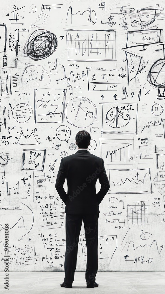 A man in a suit analyzes a wall filled with charts and graphs, symbolizing data-driven decisions. A man in a suit analyzes a wall filled with charts and graphs, symbolizing data-driven decisions.