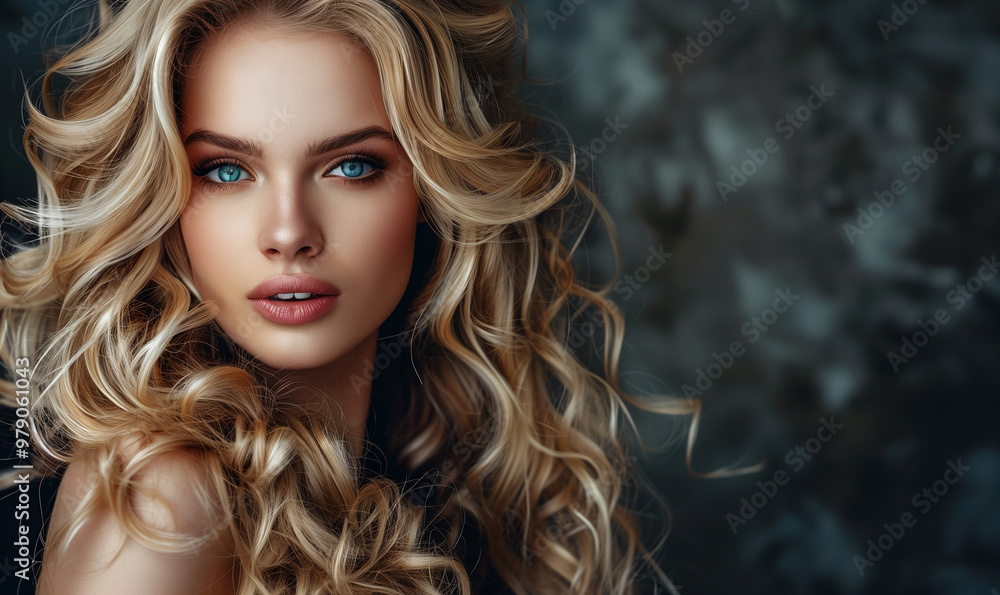 Beauty portrait of female model with long blonde hair on gray background. Woman with glossy wavy white hairstyle and make-up. Beauty portrait of female model with long blonde hair on gray background. Woman with glossy wavy white hairstyle and make-up.