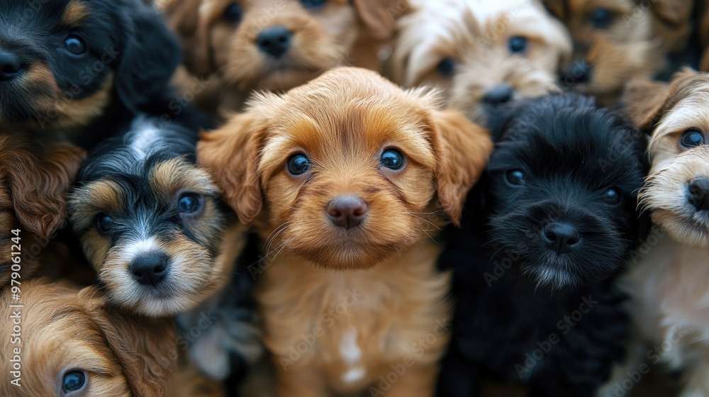 many cute puppies. pack of little happy puppies