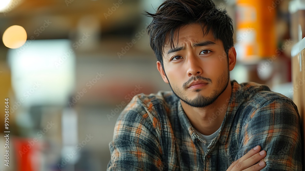 A young Asian man with a beard and dark hair looks thoughtfully at the camera. He is wearing a plaid shirt. A young Asian man with a beard and dark hair looks thoughtfully at the camera. He is wearing a plaid shirt.