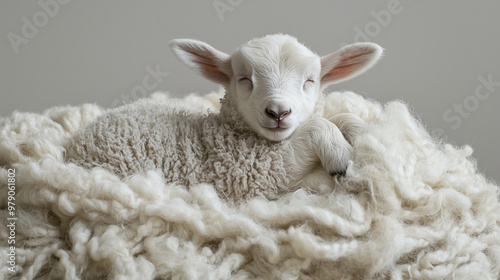 A lamb lying on its back on...