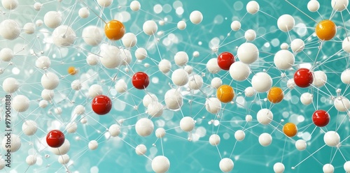 Biochemistry molecule structure displayed in 3D. Chemistry, chemistry bonds, amino acid synthesis, enzymes. Molecular biology, nanotechnology, pharmaceuticals, and metabolism. photo