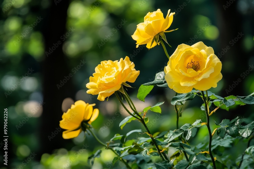 In the background, a golden canola field complements the yellow banksia rose in full bloom In the background, a golden canola field complements the yellow banksia rose in full bloom