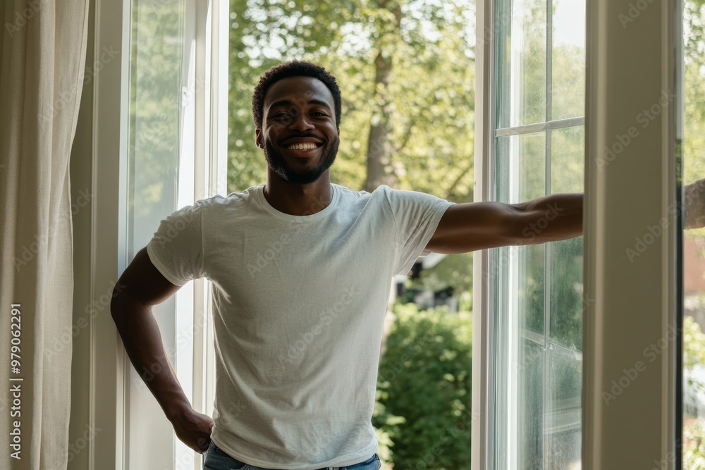 At home, a smiling African American leans on a window frame At home, a smiling African American leans on a window frame
