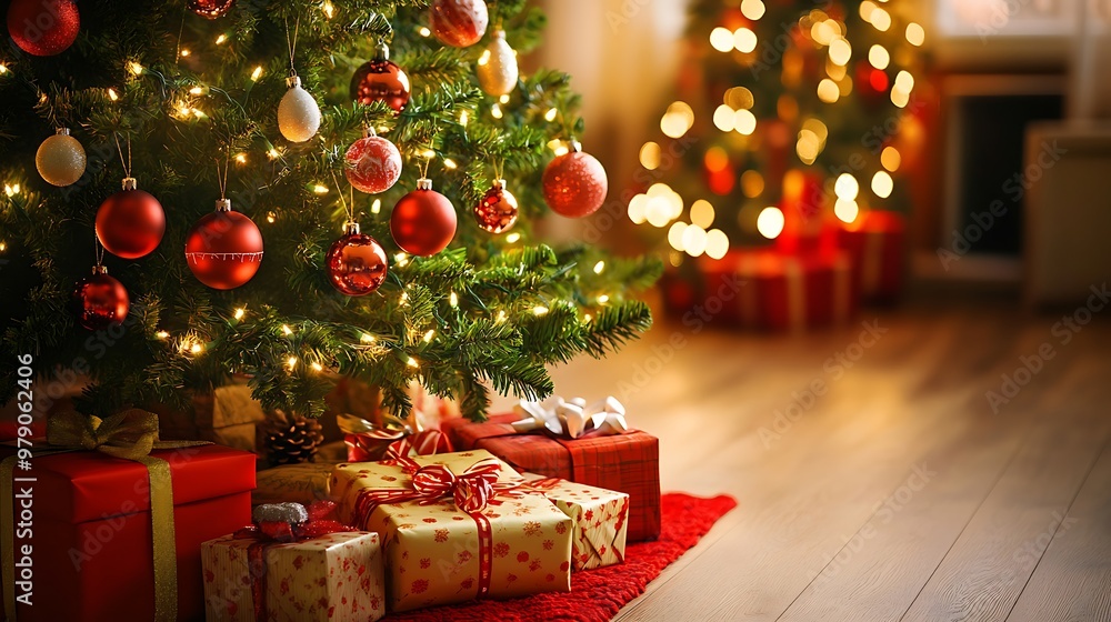 Christmas tree decorated with ornaments and gifts beneath set against a festive holiday background. Christmas tree decorated with ornaments and gifts beneath set against a festive holiday background.