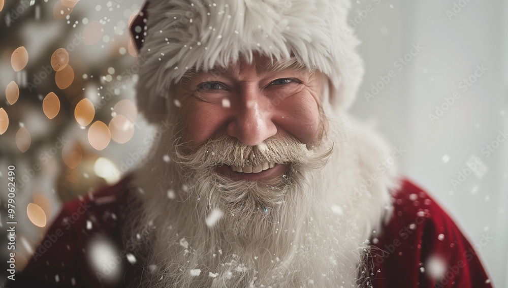 Cheerful Santa Claus in snow and bokeh light. Merry Christmas concept Cheerful Santa Claus in snow and bokeh light. Merry Christmas concept