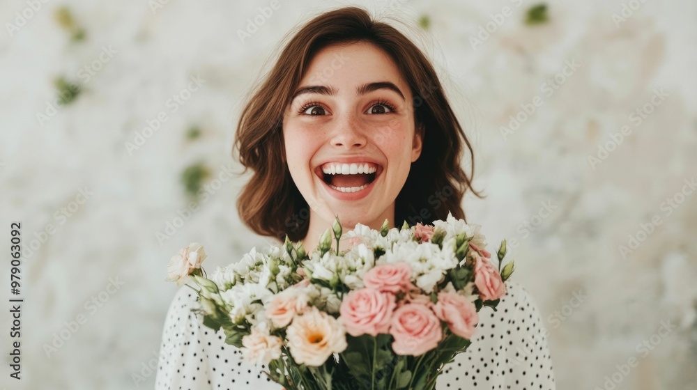 Closeup portrait of a delighted woman gasping in delight and surprise as she receives an unexpected bouquet of fresh vibrant flowers a romantic Closeup portrait of a delighted woman gasping in delight and surprise as she receives an unexpected bouquet of fresh vibrant flowers a romantic