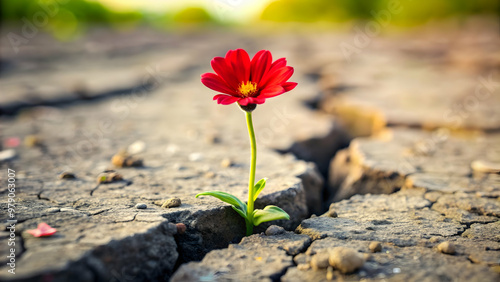 Red flower symbolizing strength and resilience growing through crack in ground, selective focus panoramic banner, red