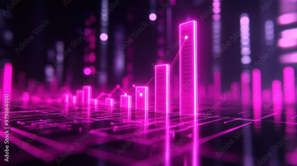 A futuristic visualization of data analytics represented by glowing pink bar graphs. A futuristic visualization of data analytics represented by glowing pink bar graphs.