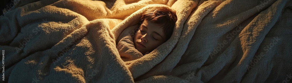 A serene child peacefully sleeping wrapped in soft blankets, illuminated by warm light, creating a cozy bedtime atmosphere. A serene child peacefully sleeping wrapped in soft blankets, illuminated by warm light, creating a cozy bedtime atmosphere.